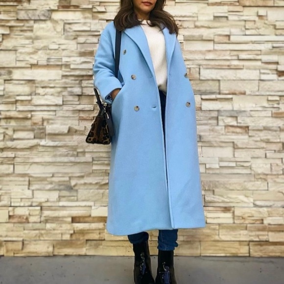 Zara double breasted oversized wool coat sky blue - Picture 4 of 15
